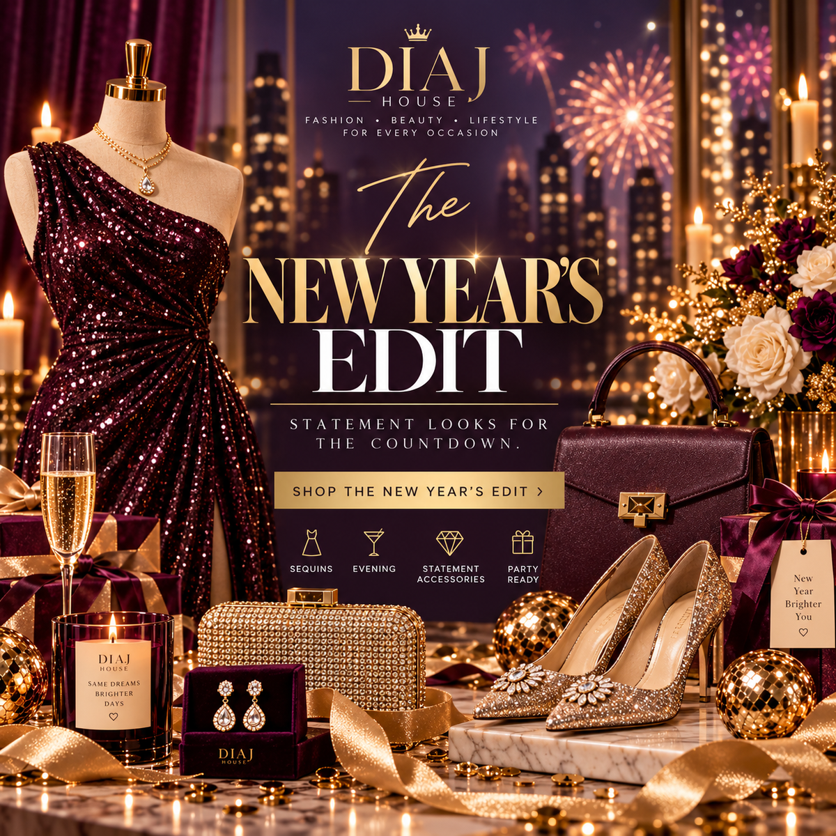 DIAJ House The New Year's Edit collection cover with party fashion, sequins, and statement accessories