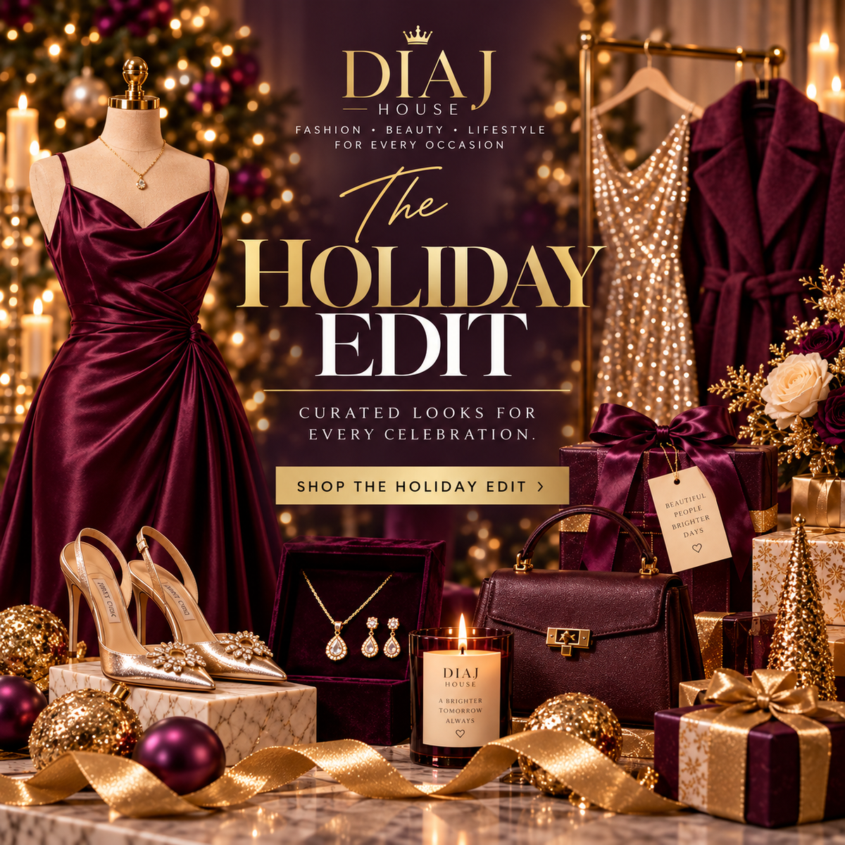 DIAJ House The Holiday Edit collection cover with festive fashion, accessories, and holiday styling