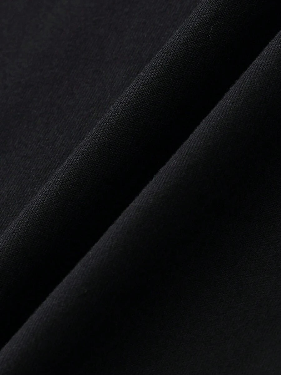 Black ruched mock-neck side-slit midi dress full-length styling view