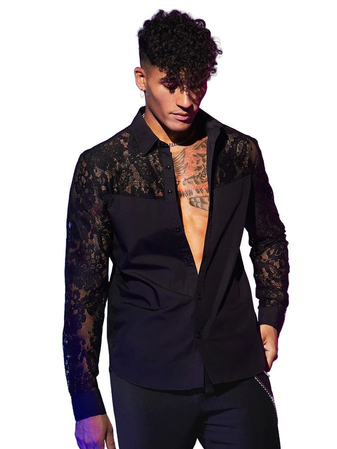 Men’s black lace-patchwork long-sleeve shirt product image 6