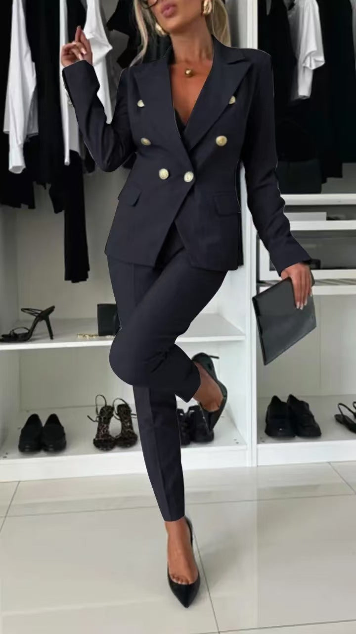 Tailored two-piece blazer and trouser set front styling