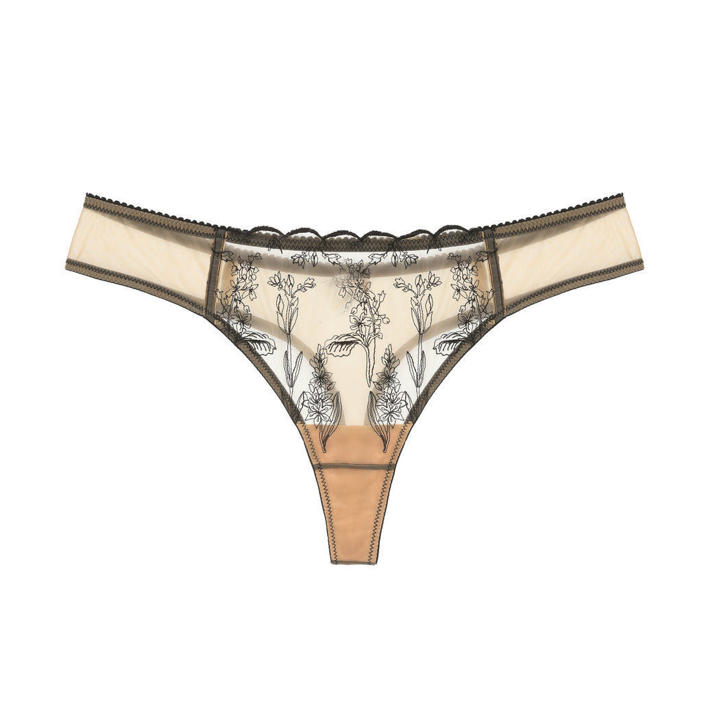 Kim floral embroidery jelly-fabric thong in Nude