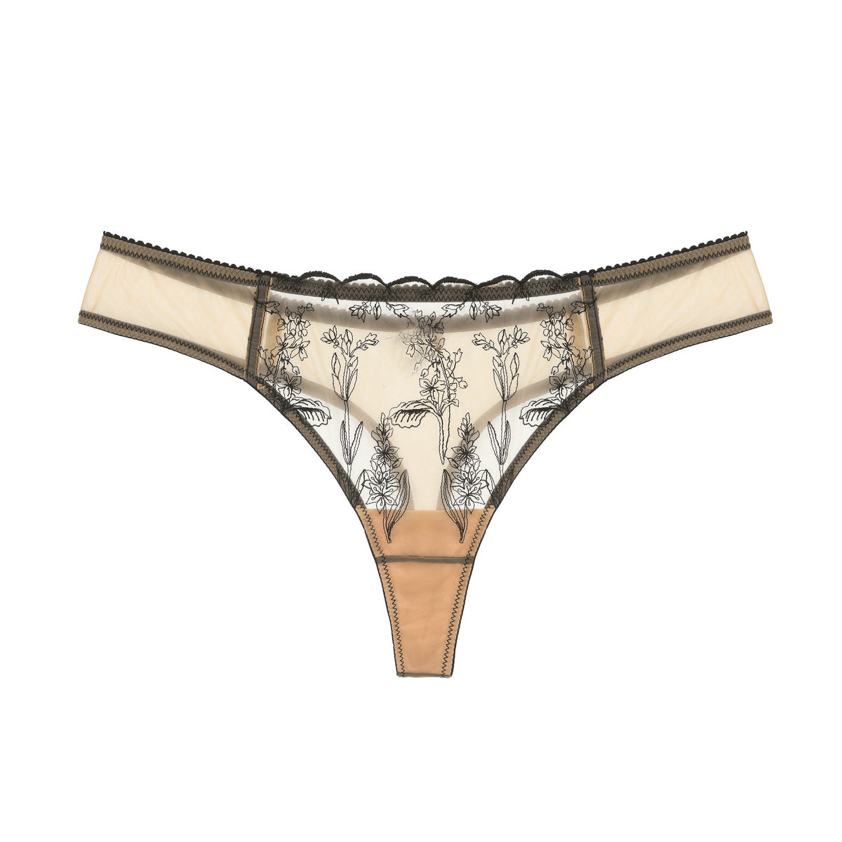 Kim floral embroidery jelly-fabric thong in Nude