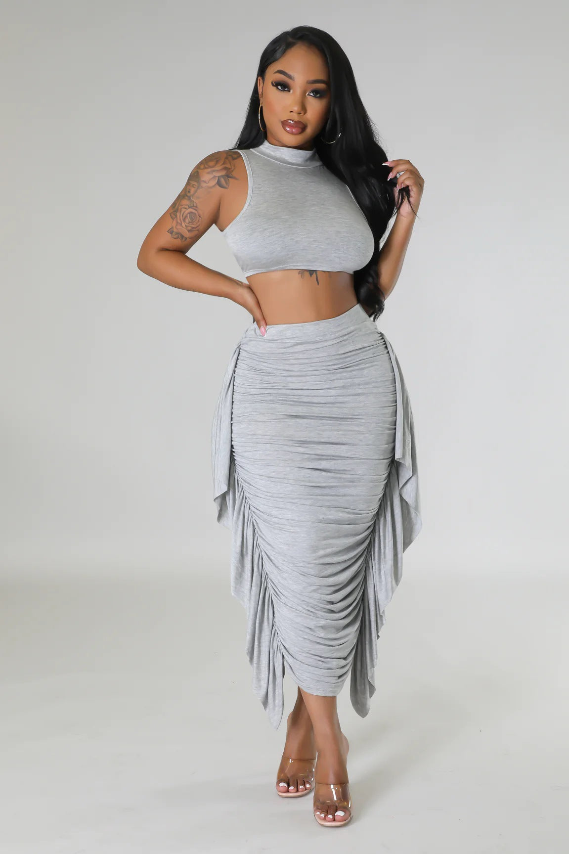 Tie-back detail on ruched mock-neck crop top and midi skirt set