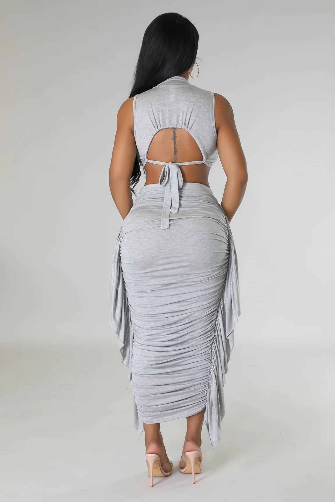 High-rise ruched midi skirt and crop top set styling view