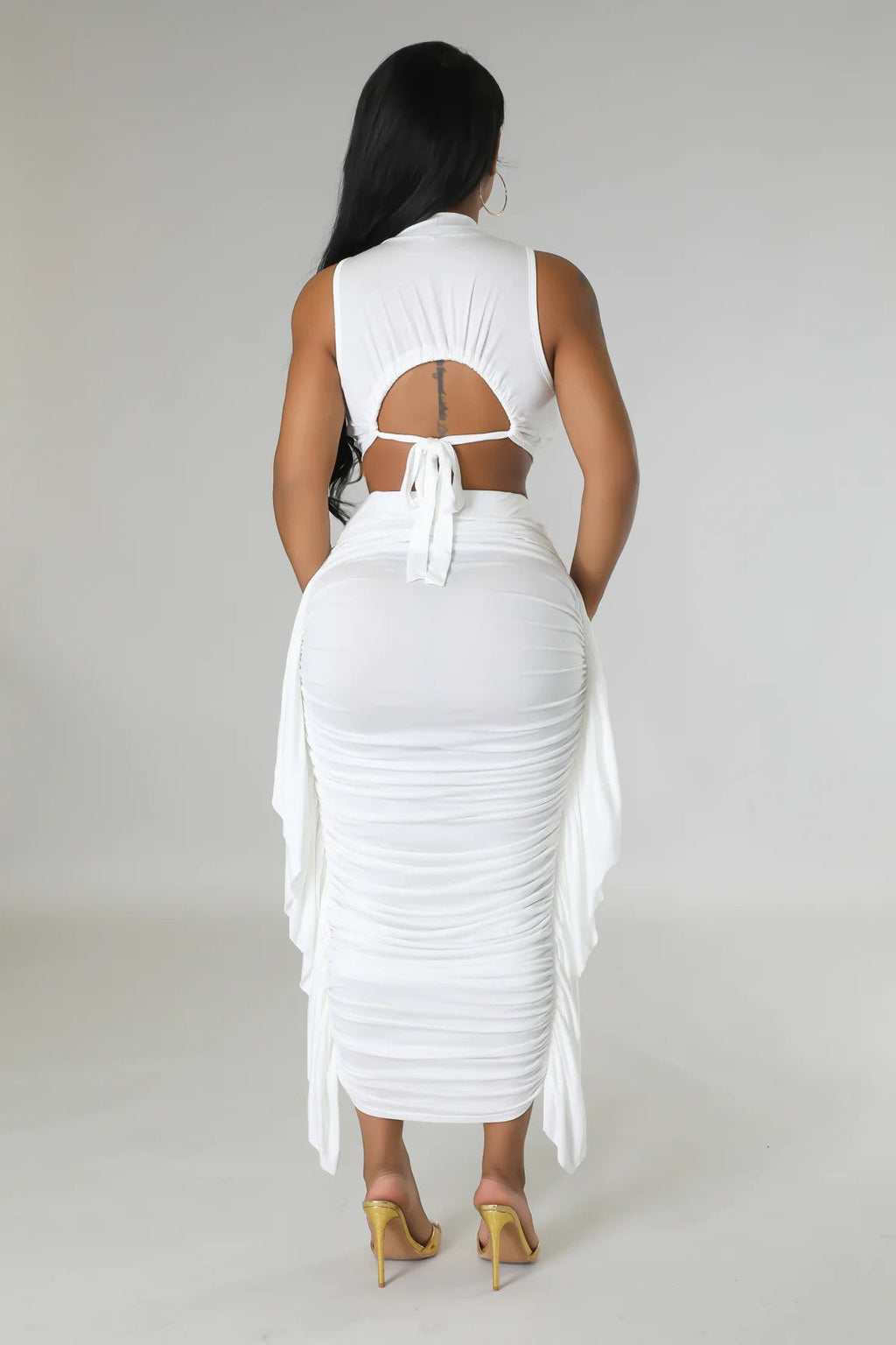 Mock-neck crop top and ruched midi skirt set detail view
