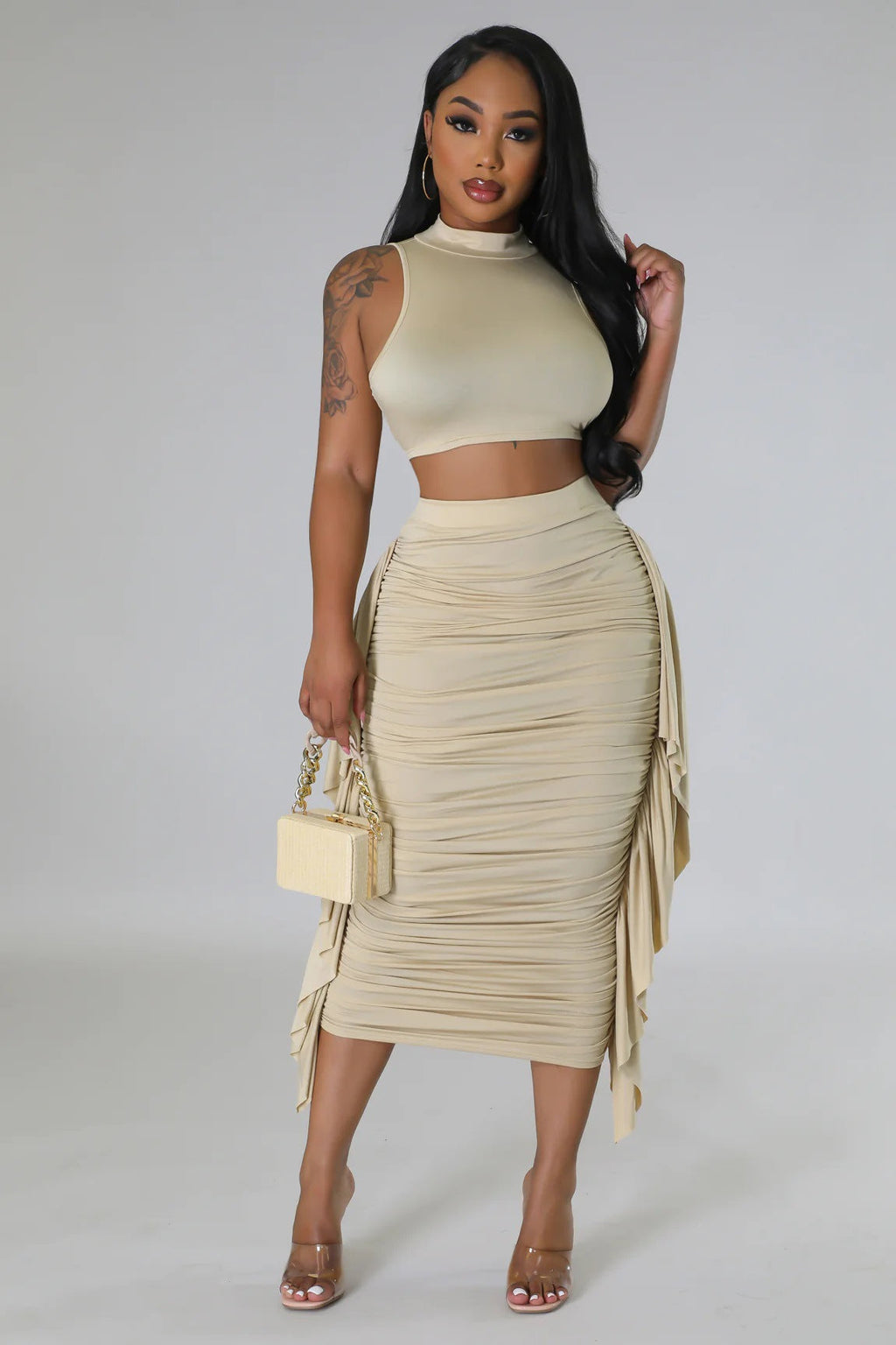 Ruched midi skirt cascading ruffle detail