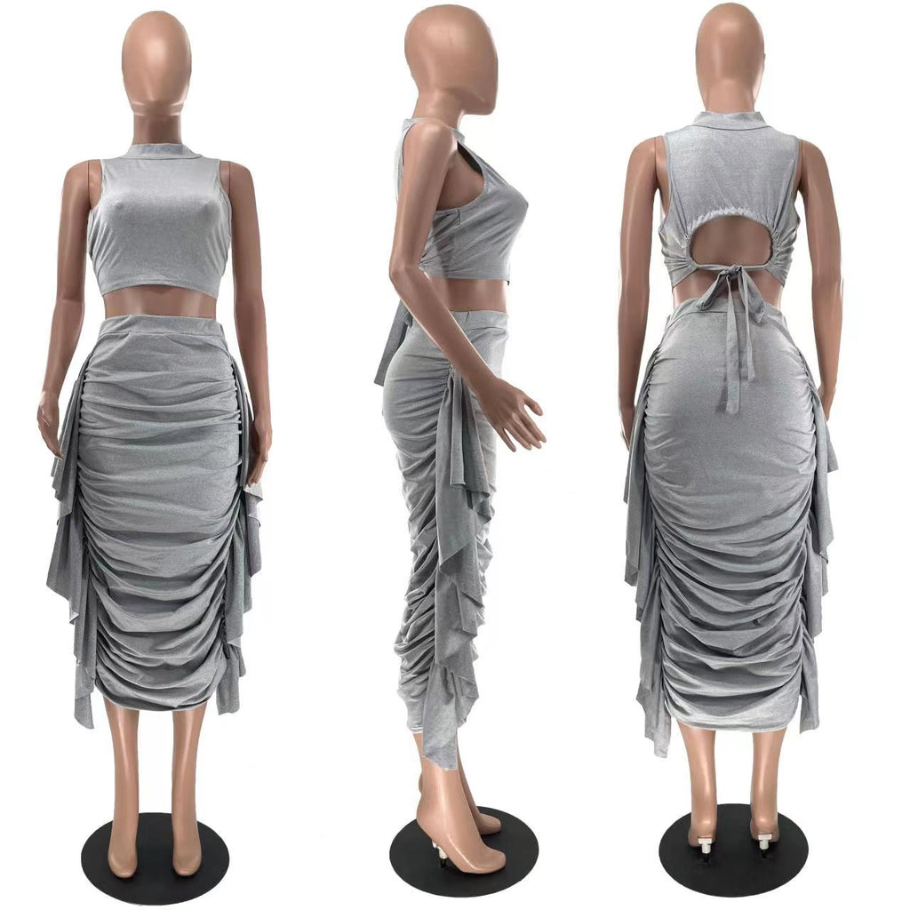 Ruched crop top and midi skirt set model styling view