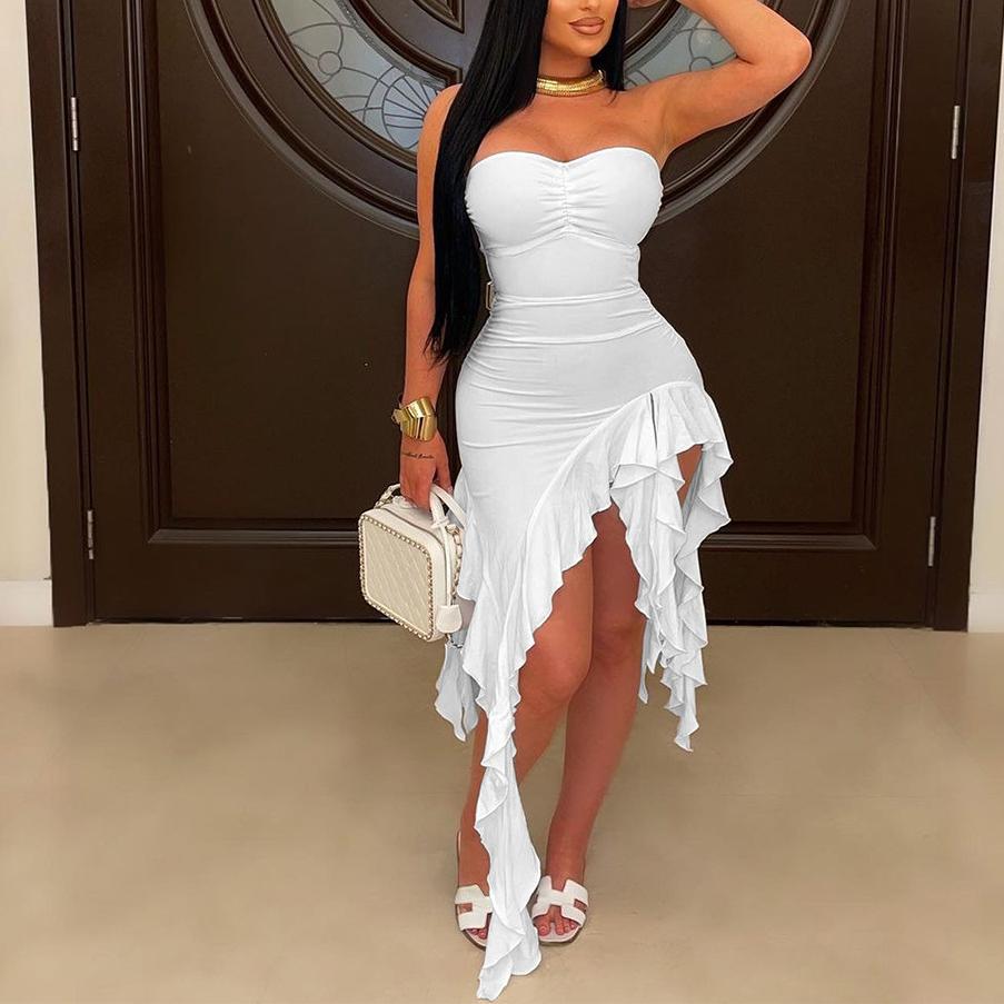 Bella Mia Ruched Asymmetrical Ruffle Midi Dress – product image 1
