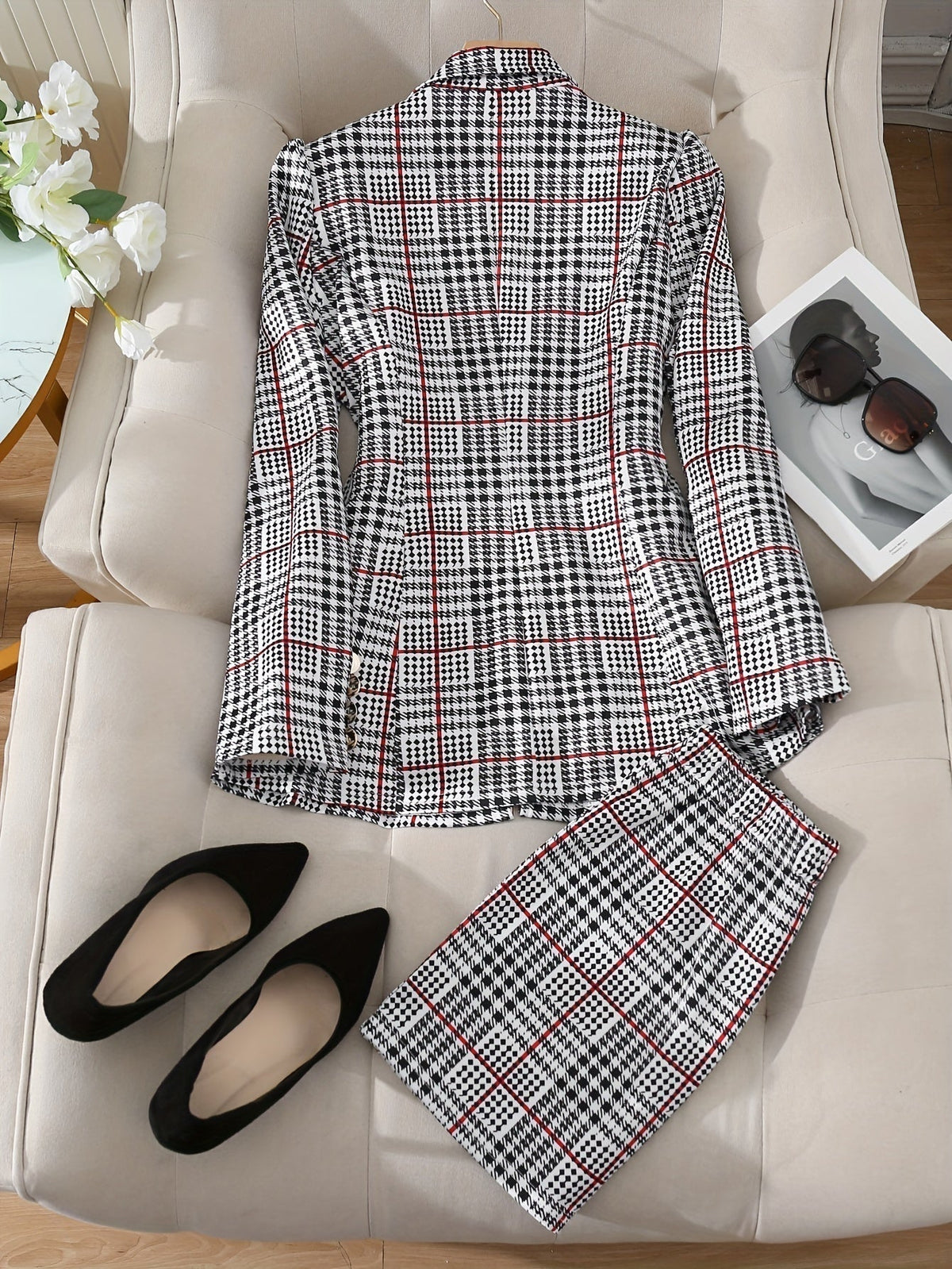 Plaid two-piece skirt suit styling view