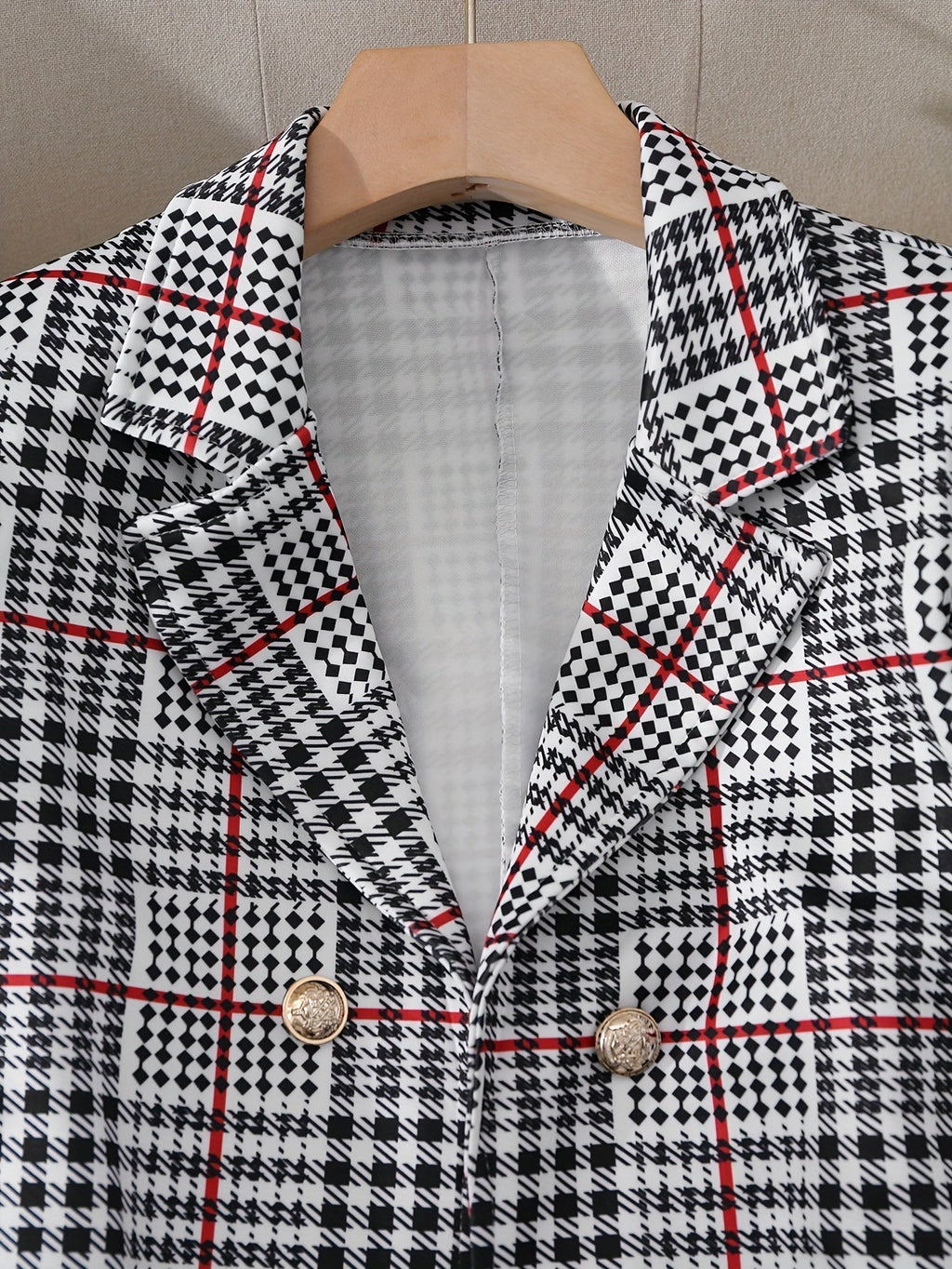 Plaid blazer gold-tone button detail