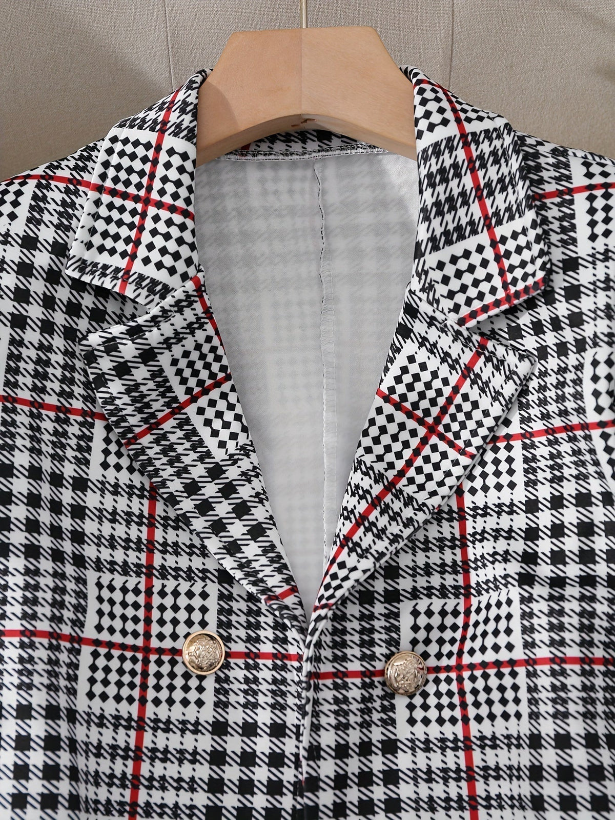 Plaid blazer gold-tone button detail