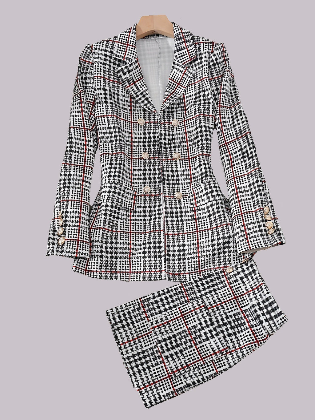 Plaid blazer and skirt set detail view