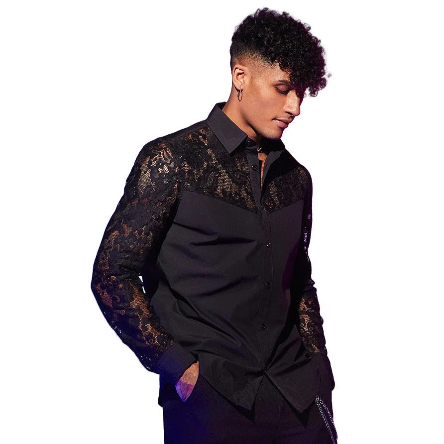 Men’s black lace-patchwork long-sleeve shirt product image 2