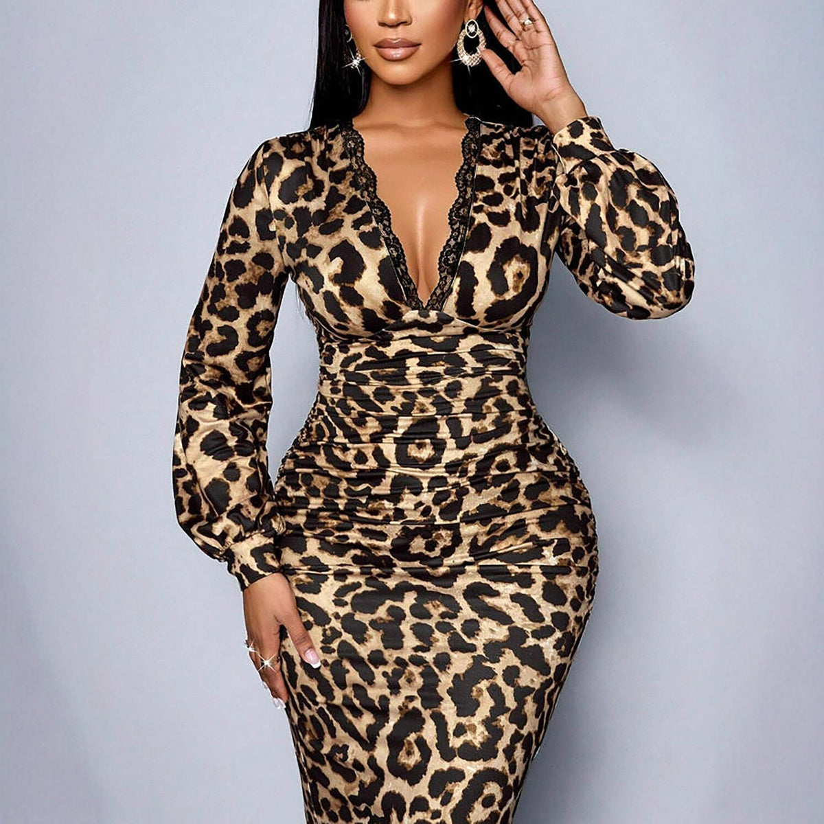 Women's leopard-print long-sleeve split midi dress by Arivon – view 4