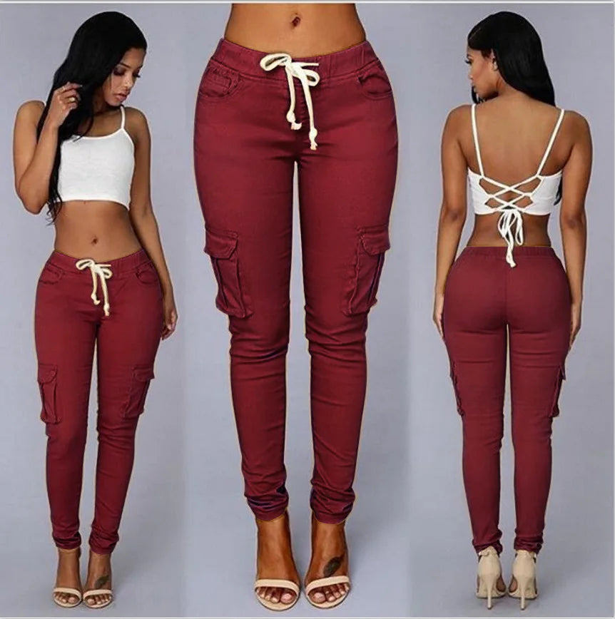 Women’s Elastic Drawstring Pencil Pants – Burgundy variant