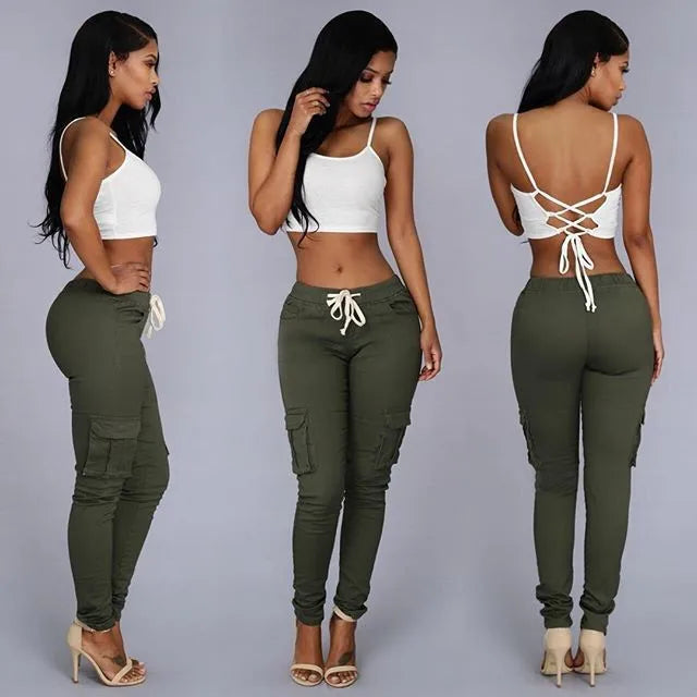 Women’s Elastic Drawstring Pencil Pants – Olive Green variant