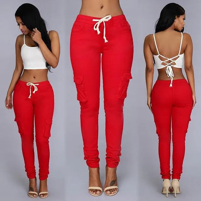 Women’s Elastic Drawstring Pencil Pants – Red variant