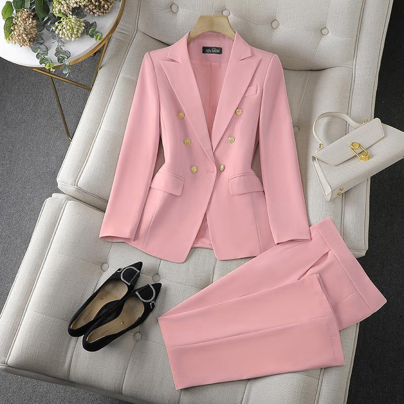 Women's tailored two-piece pant suit front view