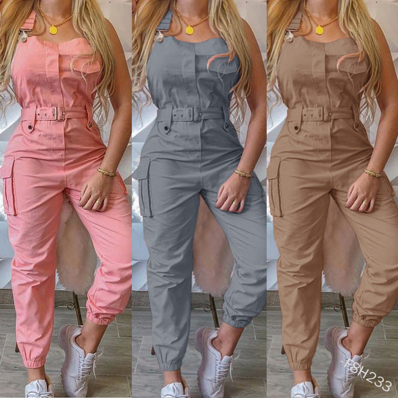 Utility belted sleeveless jumpsuit tapered-leg view