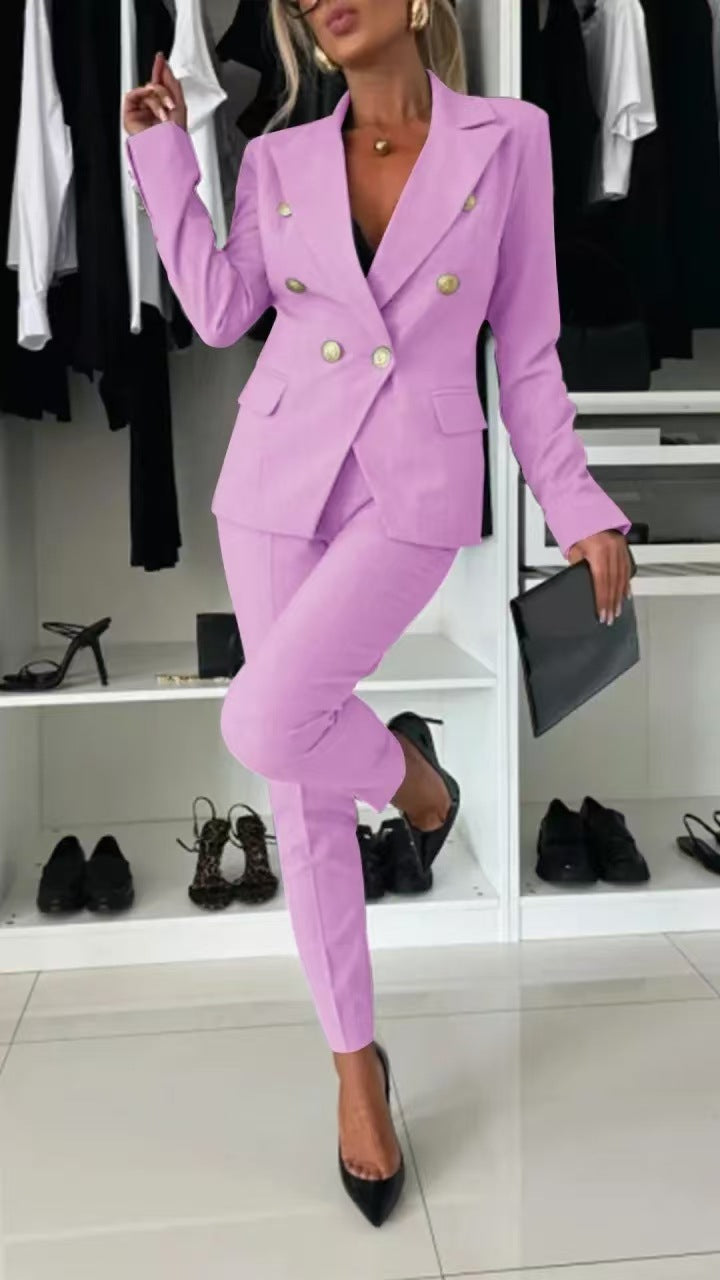 Structured pant suit with double-breasted blazer front view