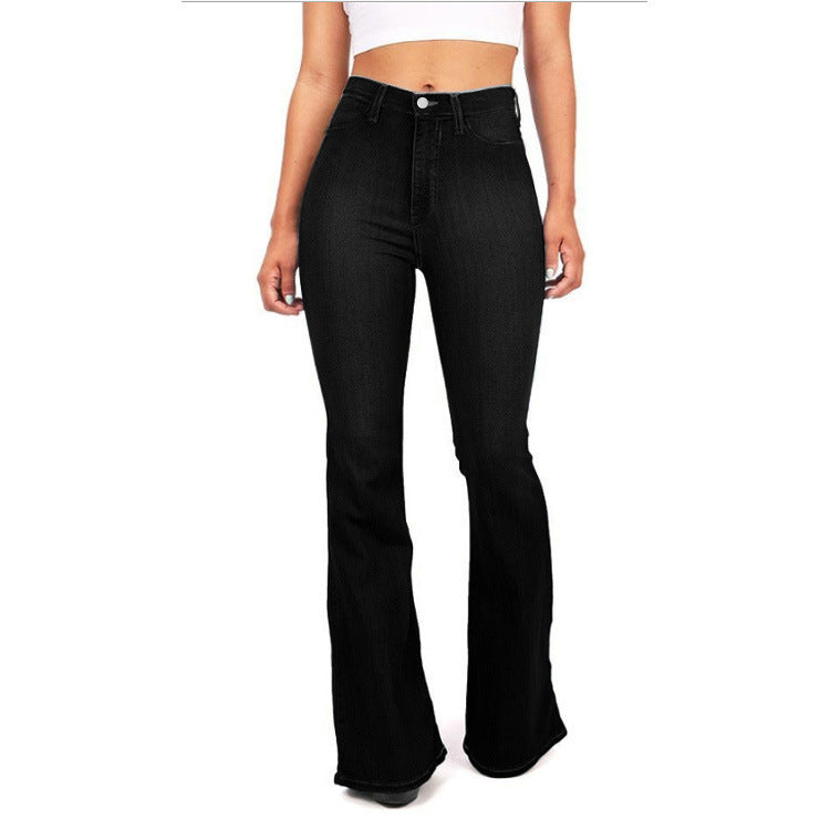 Stretch bell-bottom jeans waistband and pocket detail