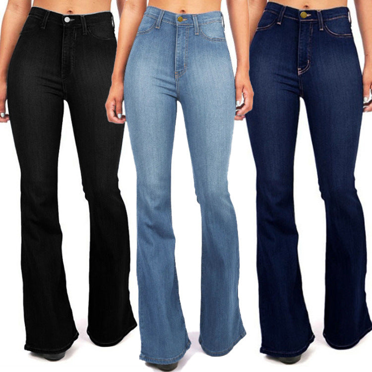 Bell-bottom stretch denim jeans full-length fit