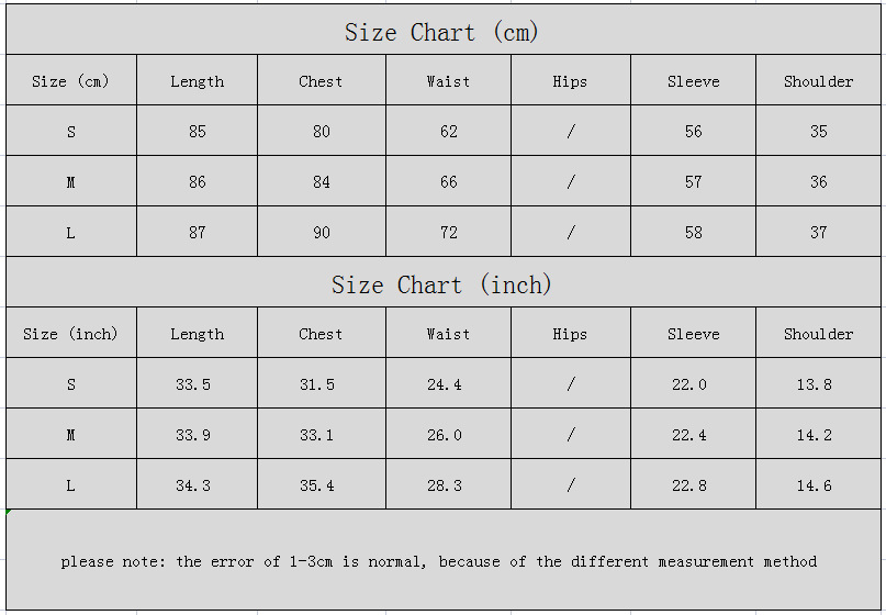Size chart in centimeters and inches for clothing measurements.