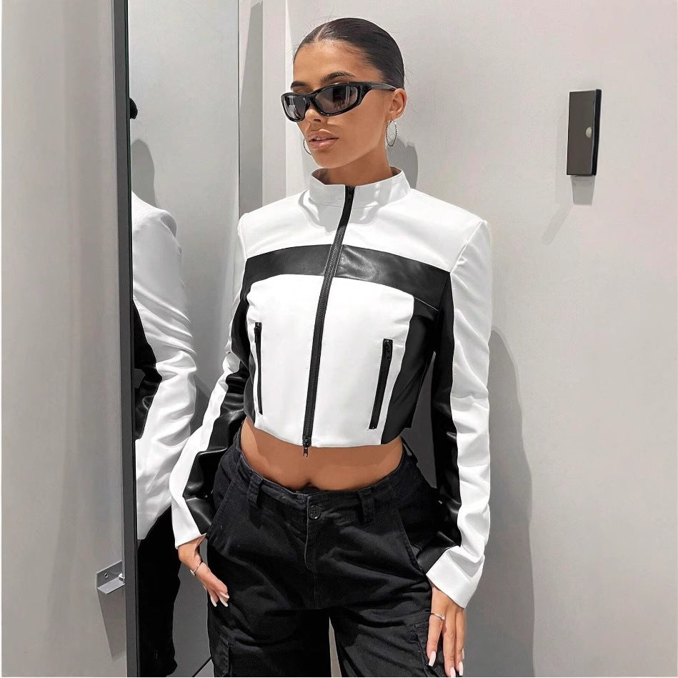 Contrast faux leather cropped jacket with zip-front styling
