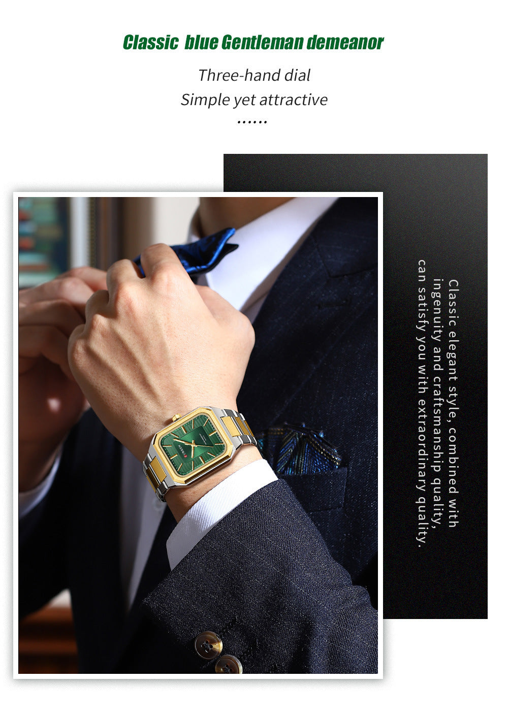 Men’s square steel-band quartz watch, detail view