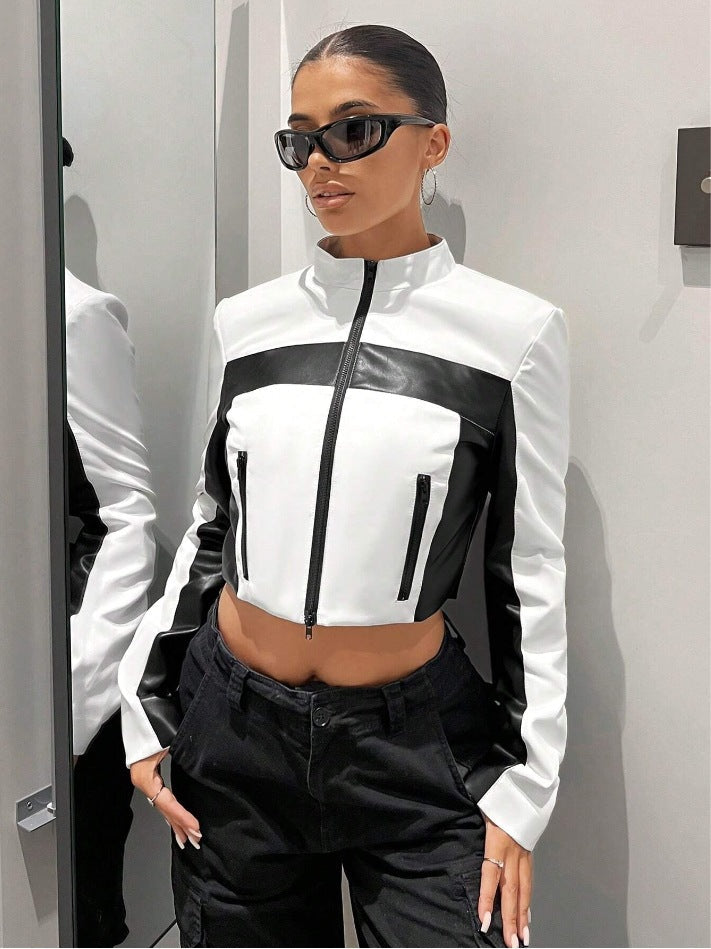 Contrast faux leather cropped jacket in black and white - product view