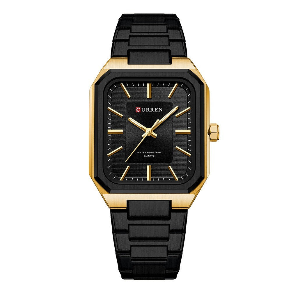 Men’s square quartz watch with Gold Shell Black Strap finish