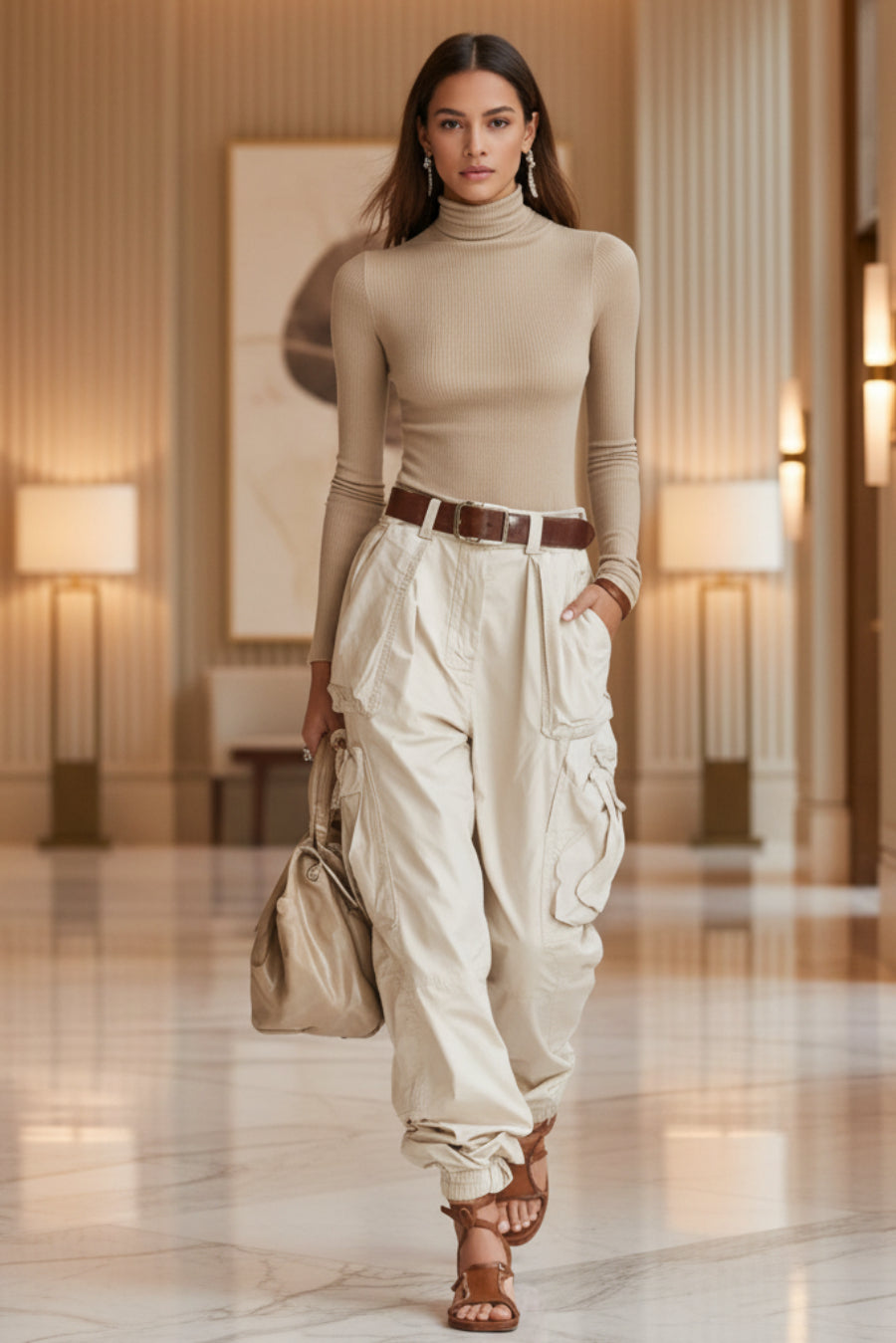 Women's high-waist cargo parachute pants with elastic ankle cuffs — product image 1 of 13