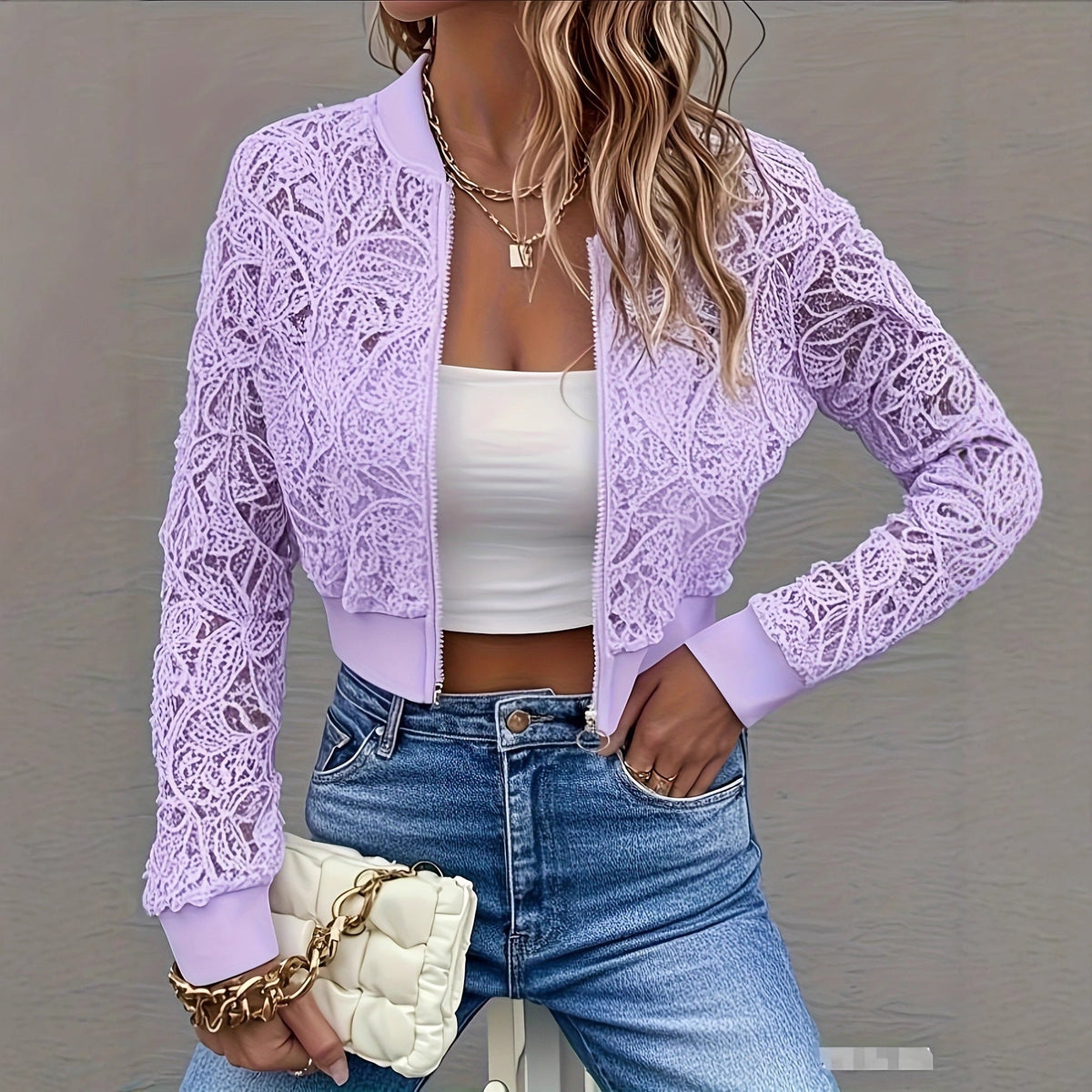 Lace Zip-Up Cropped Jacket - product view 4
