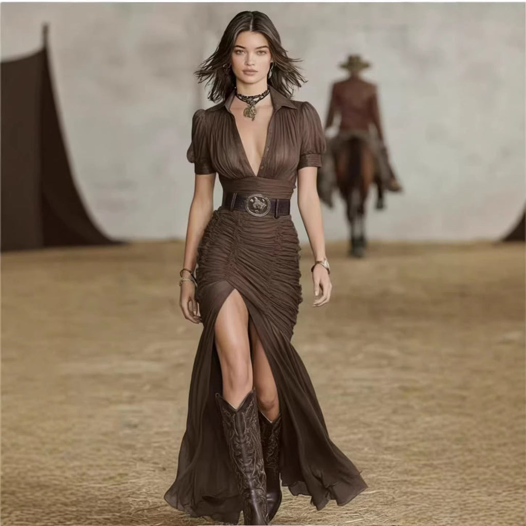 Women's pleated collar button-front dress, belt not included — product image 2 of 8