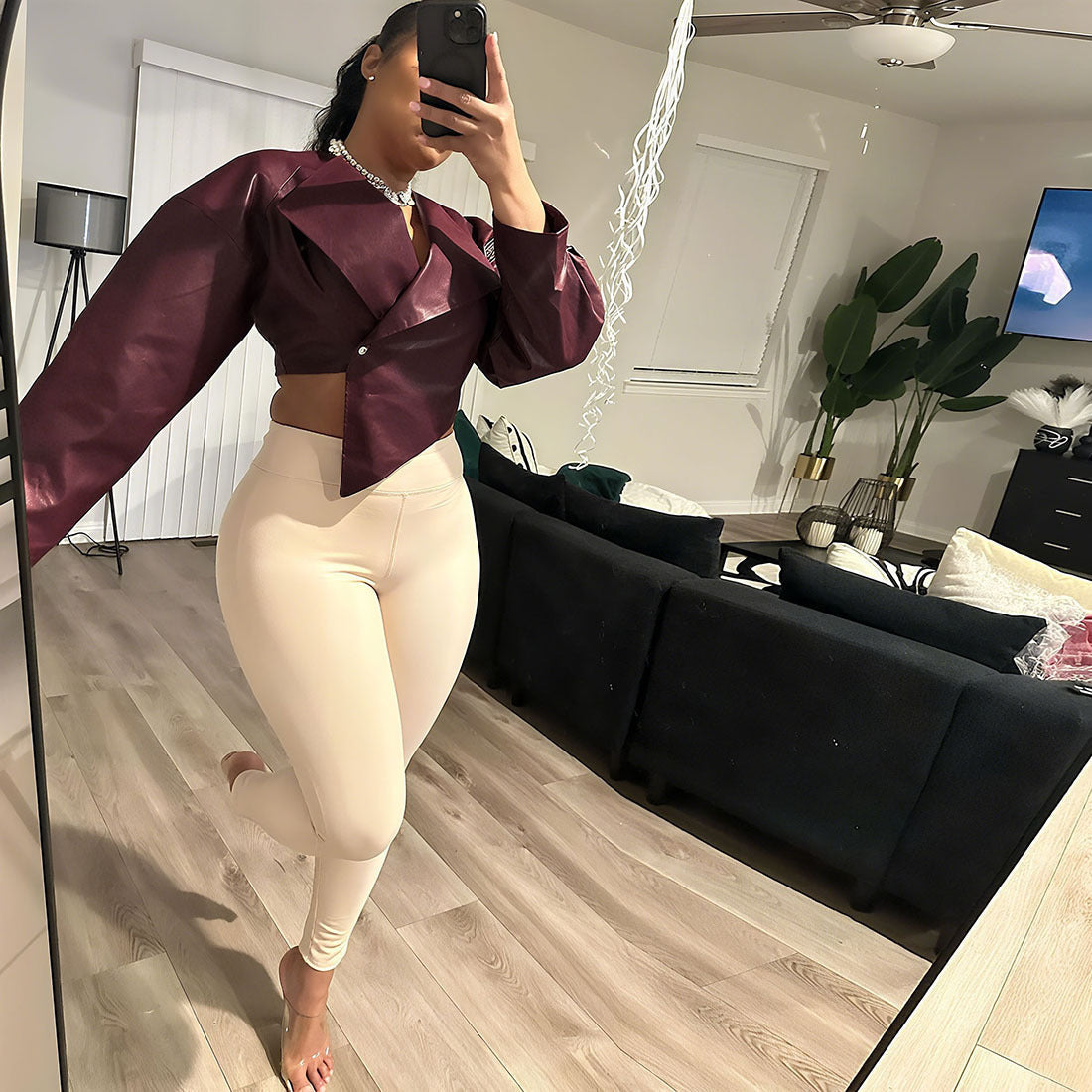 Women’s solid-color PU leather coat detail view 3