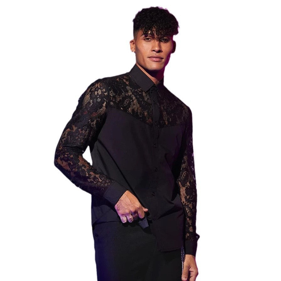 Men’s black lace-patchwork long-sleeve shirt product image 5
