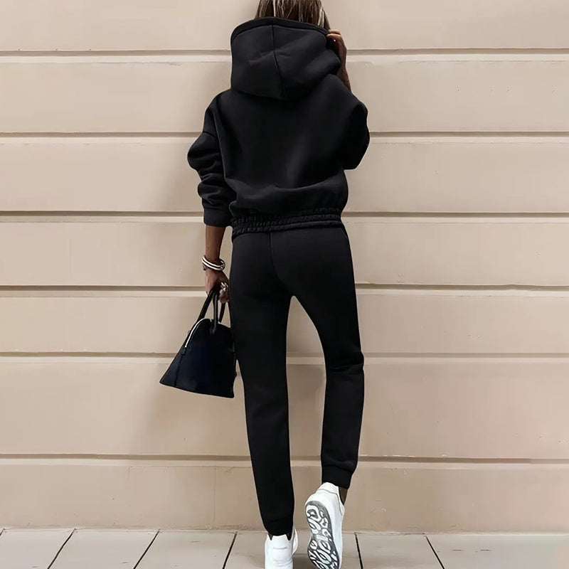 Coordinated hoodie and jogger two-piece set detail view