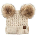 C.C Double Pom Cable Knit Beanie in Beige
