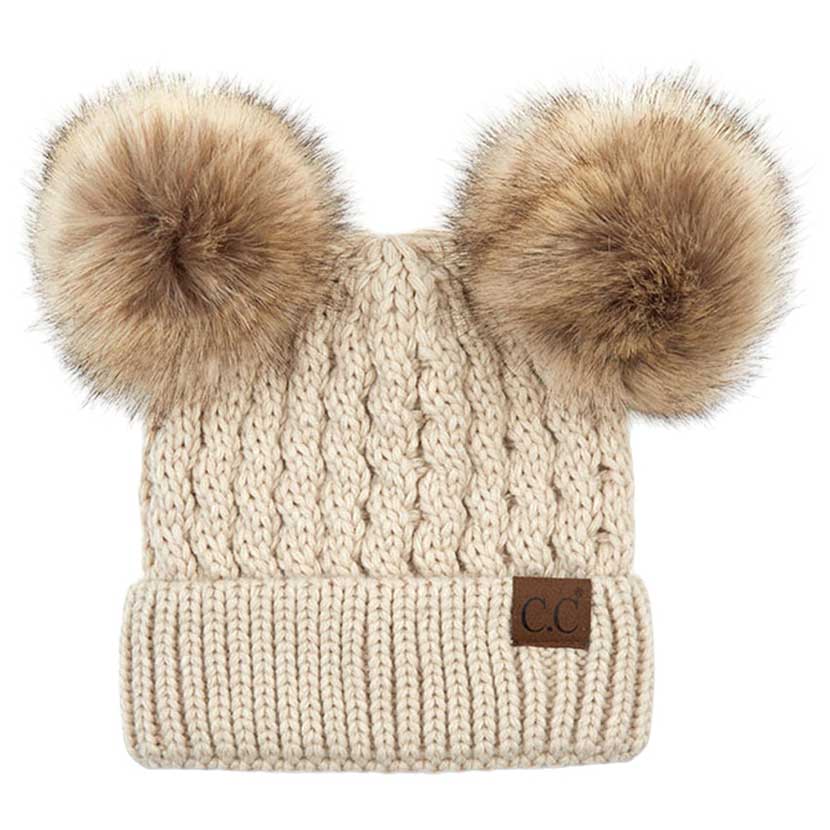 C.C Double Pom Cable Knit Beanie in Beige