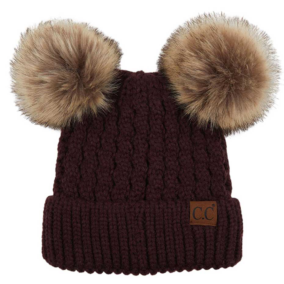 C.C Double Pom Cable Knit Beanie in Berry