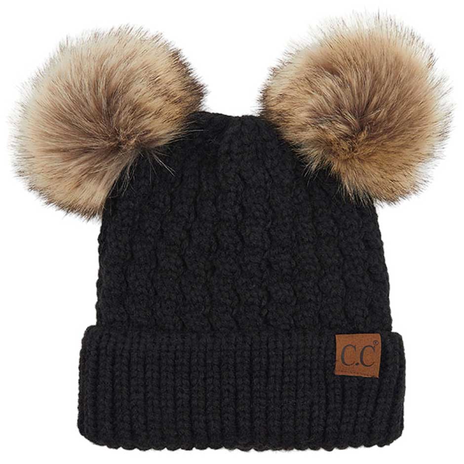 C.C Double Pom Cable Knit Beanie in Black