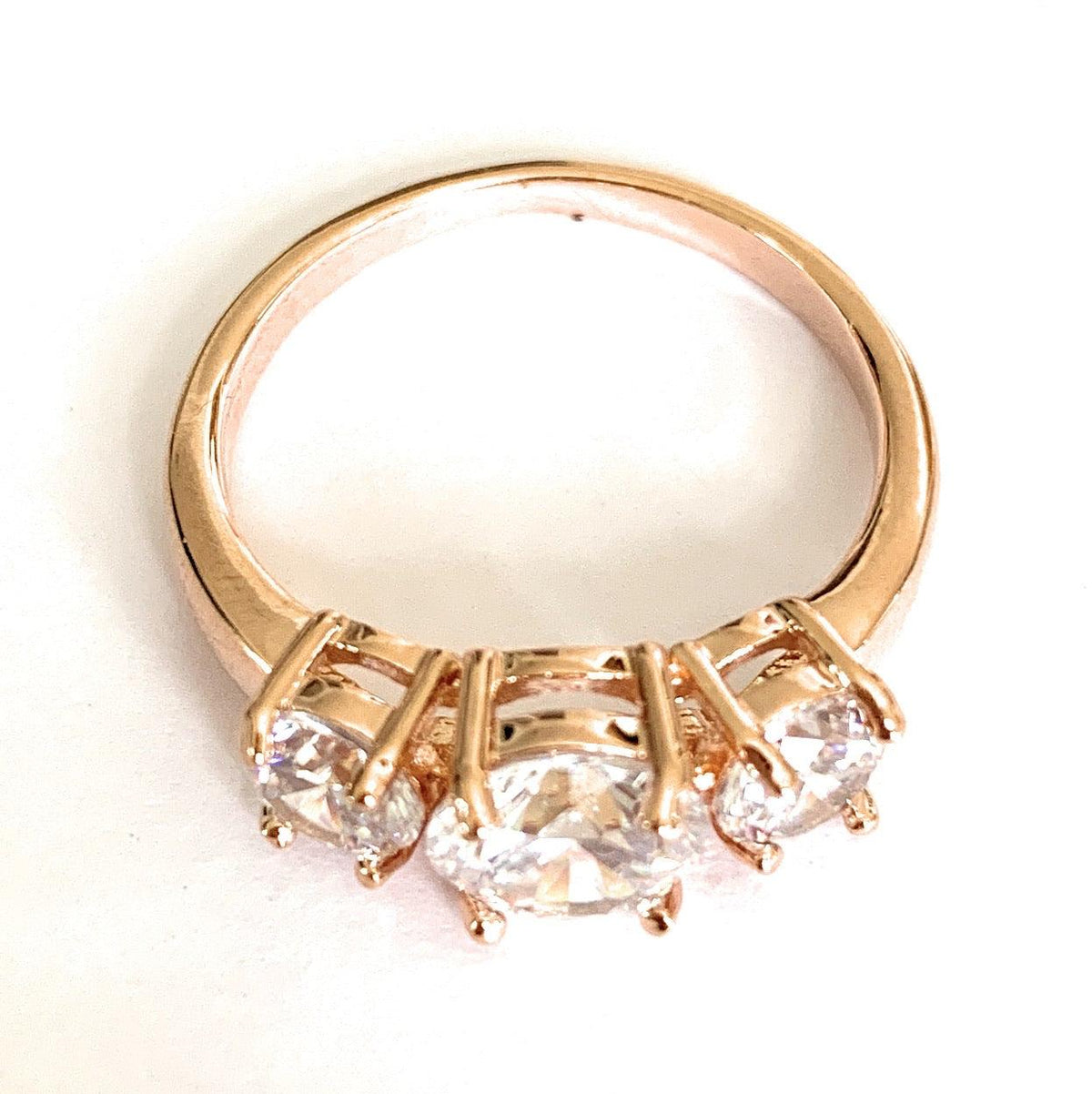 Blair three stone cubic zirconia ring in rose gold finish