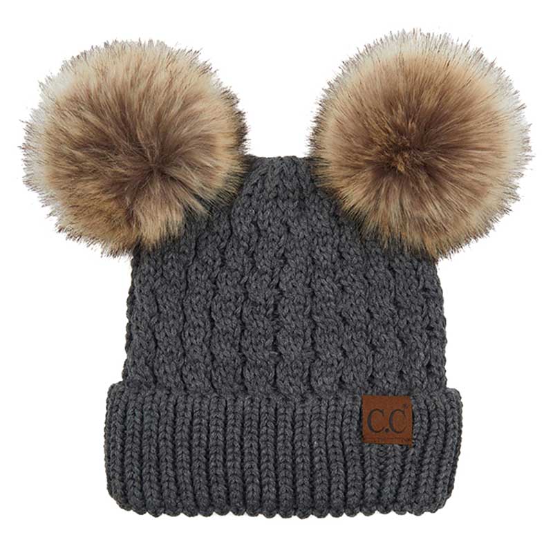 C.C Double Pom Cable Knit Beanie in Dark Grey