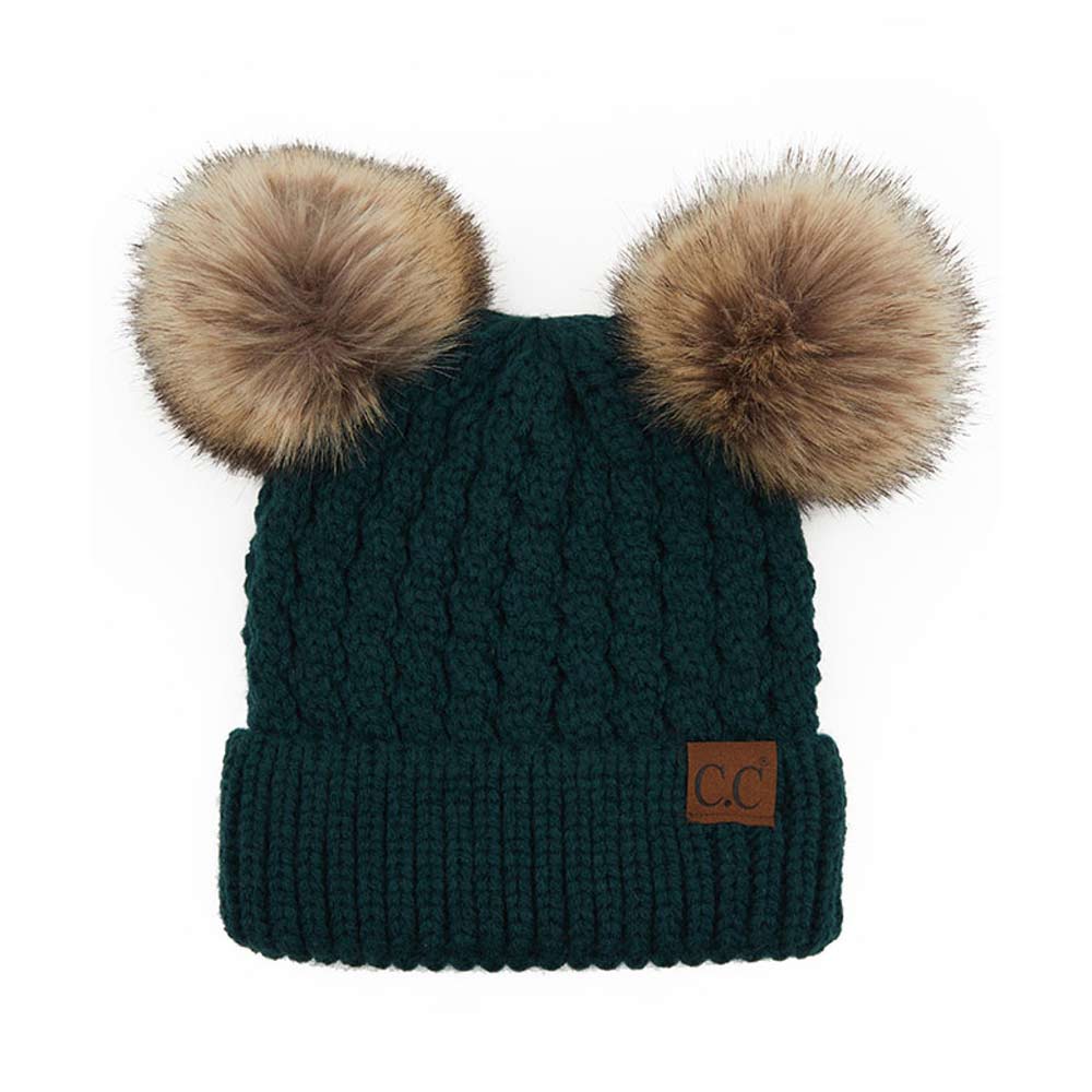 C.C Double Pom Cable Knit Beanie in Deep Pine