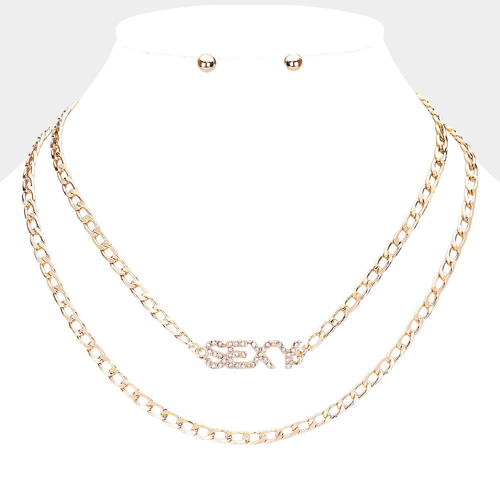 Gold finish two-piece rhinestone message pendant necklace set