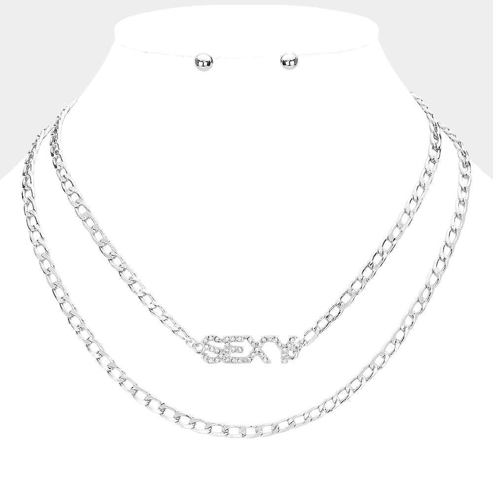 Rhodium finish two-piece rhinestone message pendant necklace set