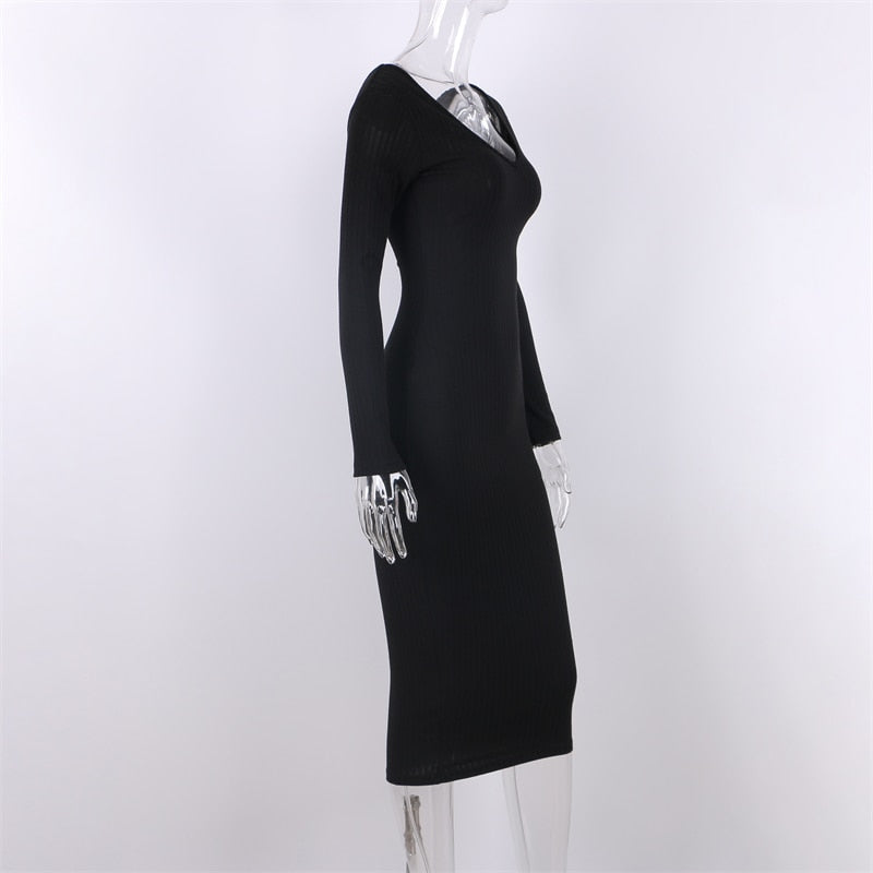 Ribbed V-neck long sleeve midi dress product view 17
