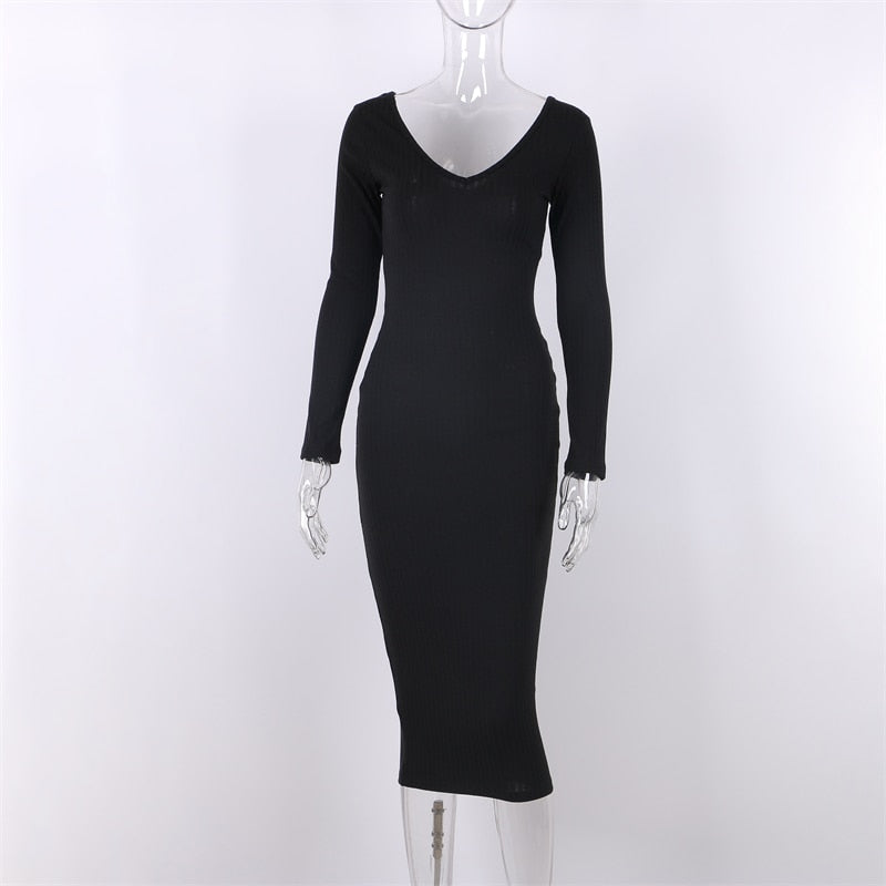 Ribbed V-neck long sleeve midi dress product view 16