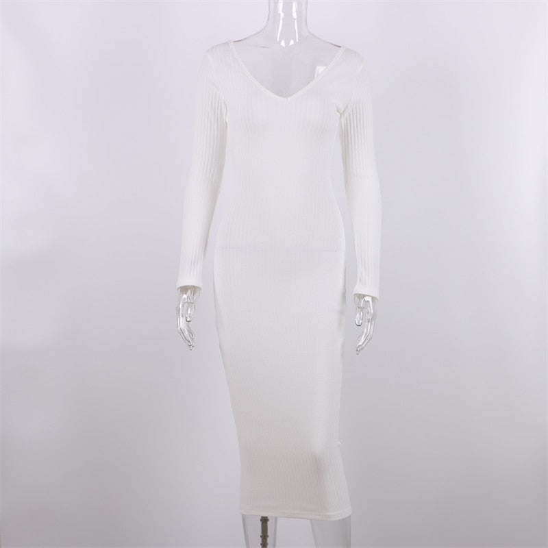 Ribbed V-neck long sleeve midi dress product view 9
